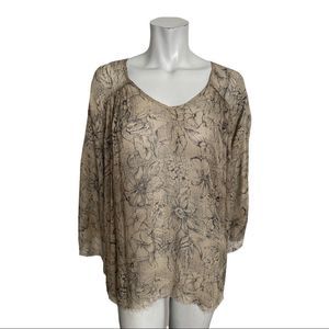 Winter Kate Taupe Black Floral Sheer Oversized  3/4 Sleeve Blouse Size Medium